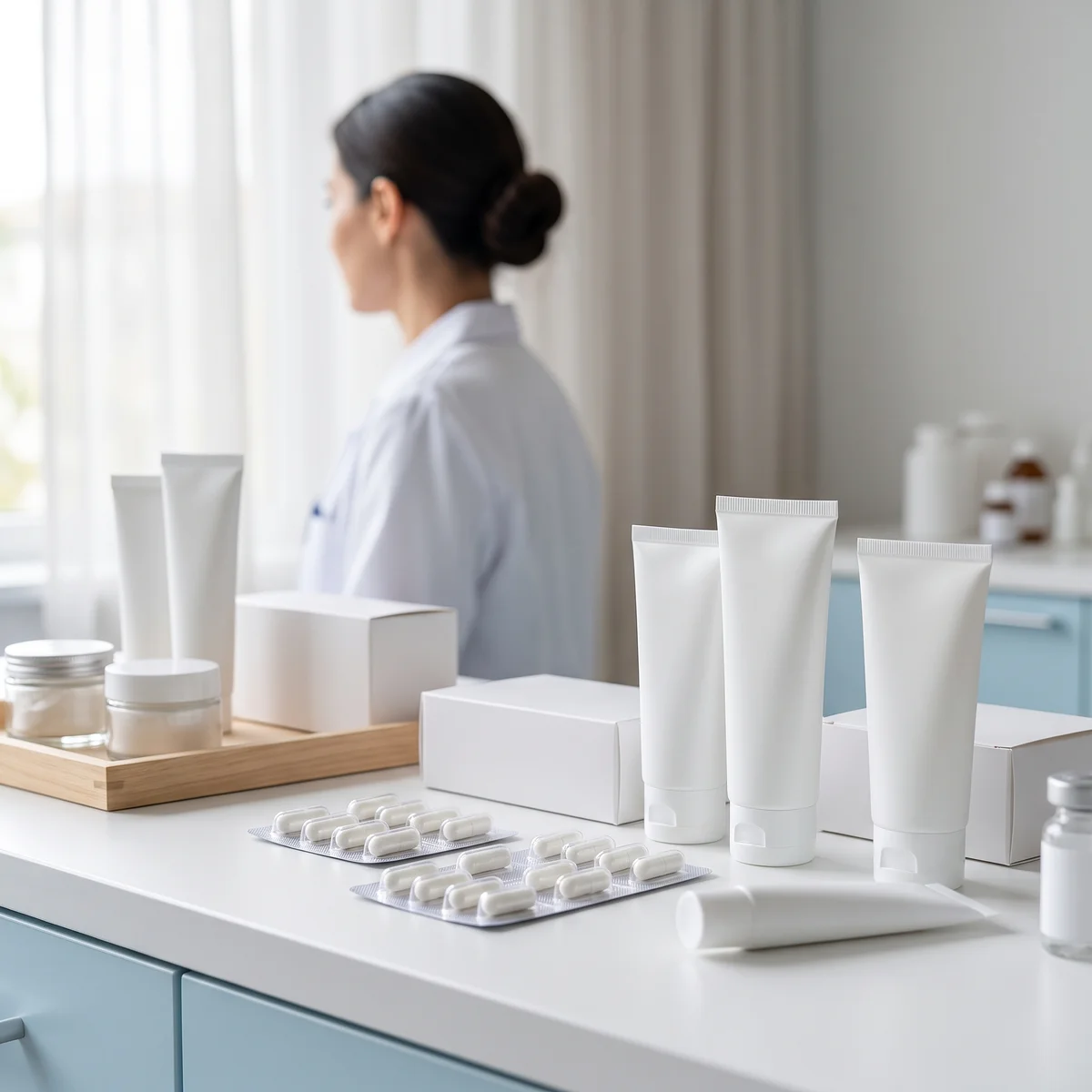 Tubos de crema y blísteres de cápsulas sobre escritorio dermatológico