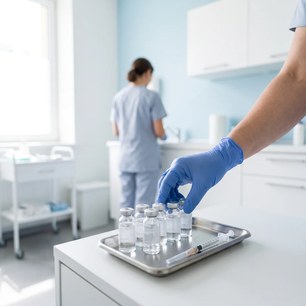 Bandeja con viales de solución y jeringa fina en sala de procedimientos
