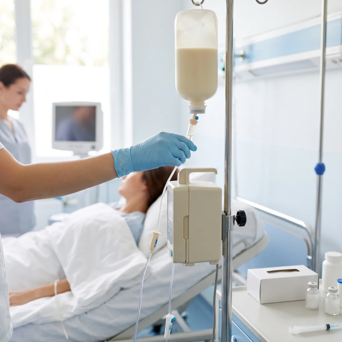 Botella de nutrición enteral conectada a bomba de infusión junto a cama hospitalaria
