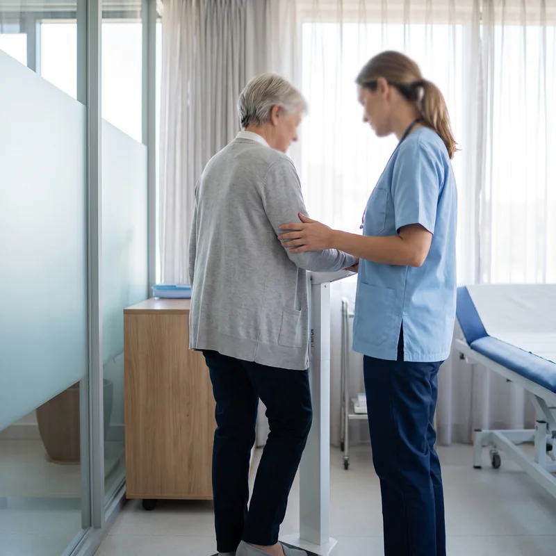 Clínico ayudando a un paciente a subir a báscula médica de columna