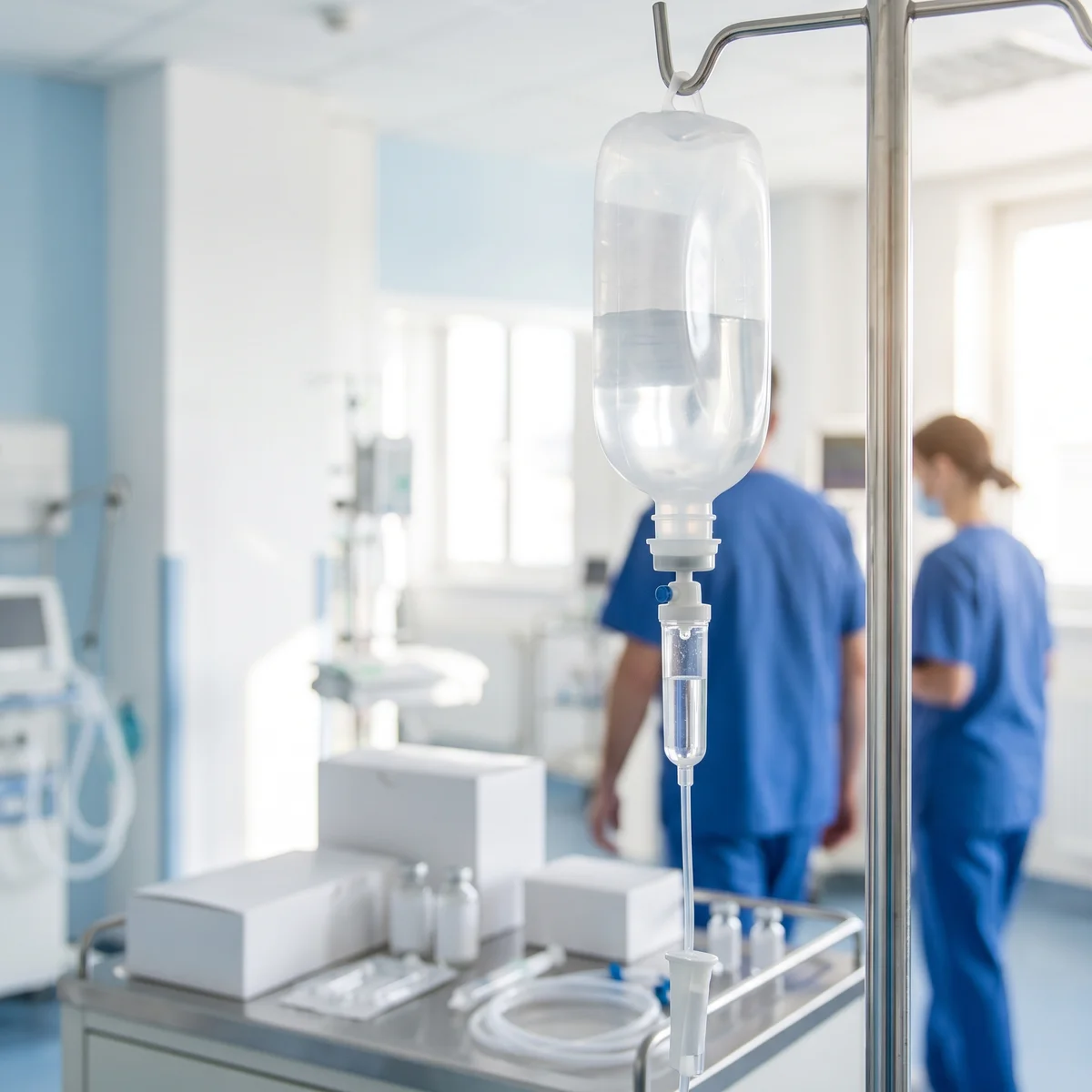 Bolsa de solución intravenosa colgada con cámara de goteo en sala hospitalaria