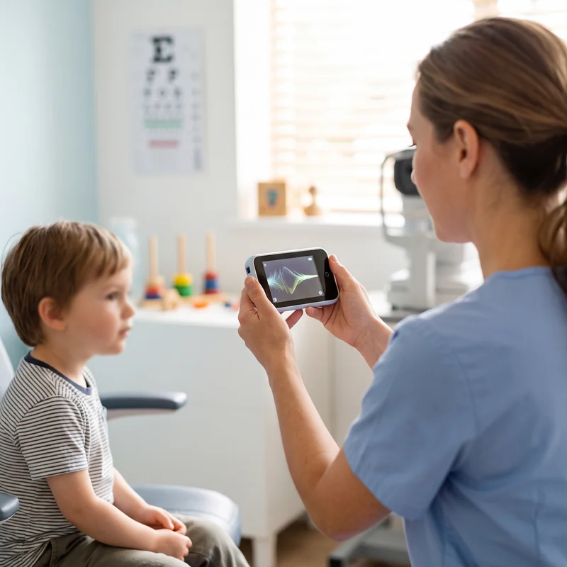 Optómetra realizando tamizaje visual a un niño con dispositivo portátil