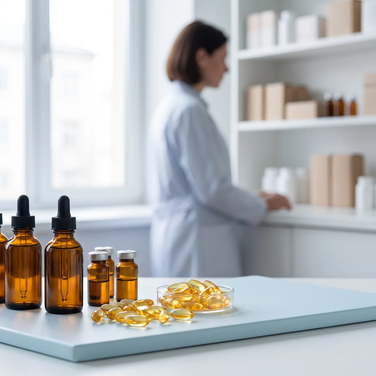 Frascos ámbar y cápsulas blandas de suplementos vitamínicos