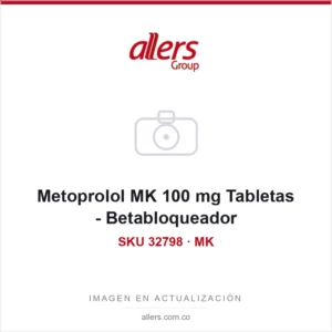 Caja de Metoprolol MK 100 mg de Tecnoquímicas con tabletas.