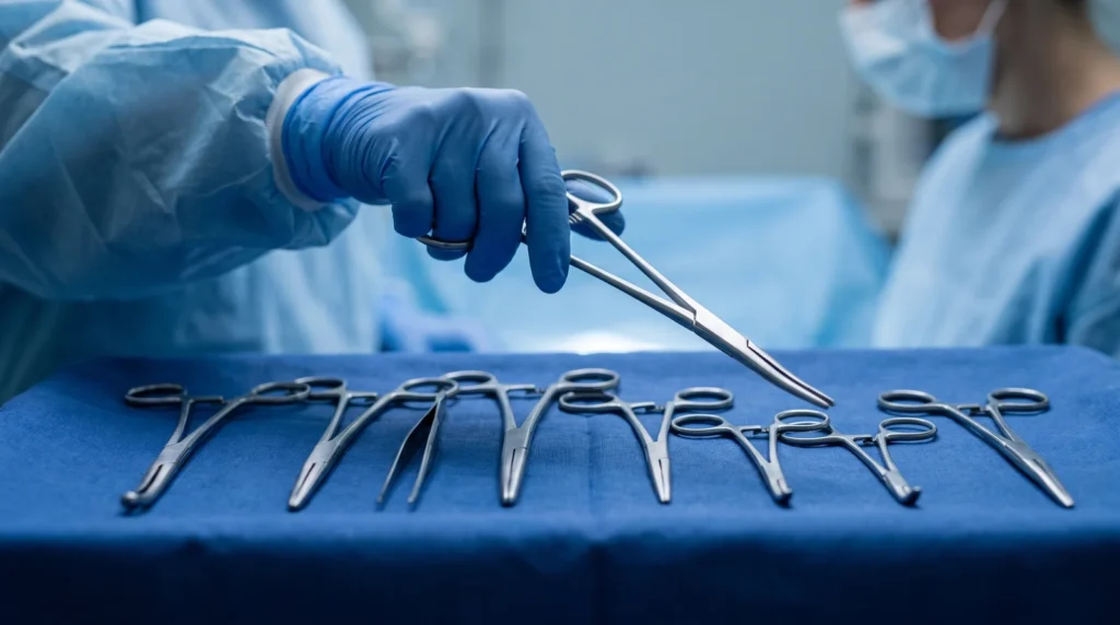 Pinzas hemostáticas y de disección alineadas sobre campo azul