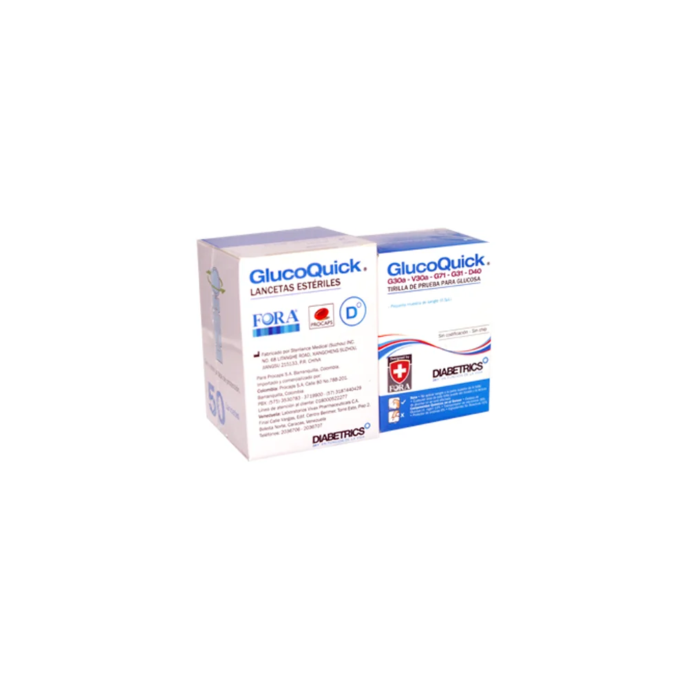 Sistema de Automonitoreo de Glucosa GlucoQuick Estuche: 50 Tiras + 50 Lancetas - Procaps