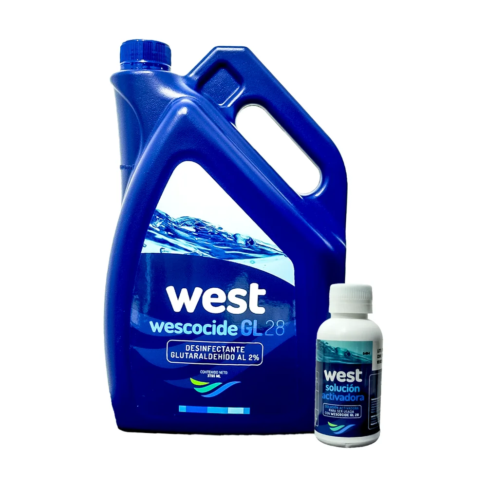 Envase de Wescocide GL desinfectante de glutaraldehído al 2% de West Química para instrumental médico