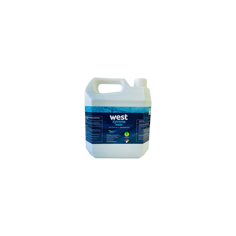Envase de West Zymme Ultra, detergente multienzimático de West Química para instrumental quirúrgico