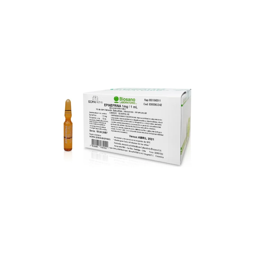 Ampolla de epinefrina 1 mg/1 ml solución inyectable de Sicmafarma