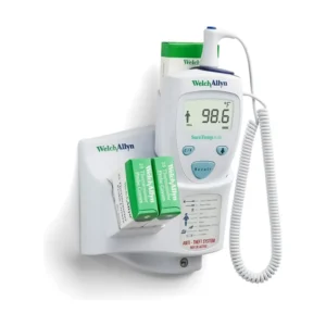 Termómetro Welch Allyn SureTemp Plus 690 en soporte de seguridad de pared con cajas de cubiertas de sonda
