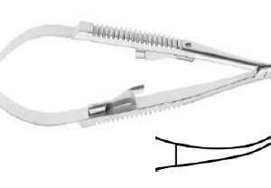 Micro porta agujas Castroviejo, Barraquer y Yasargil Tontarra, referencia 097-303-14 · Castroviejo curvo, con seguro, 14,5 cm