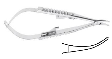 Micro porta agujas Castroviejo, Barraquer y Yasargil Tontarra, referencia 097-303-14 · Castroviejo curvo, con seguro, 14,5 cm