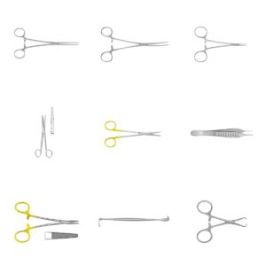 Set de cirugía menor Tontarra: pinzas Kocher, Rochester-Péan y micro-mosquito, tijeras Mayo y Metzenbaum TC, pinza Adson, porta agujas Webster, separador Senn-Miller y pinza de campo Backhaus