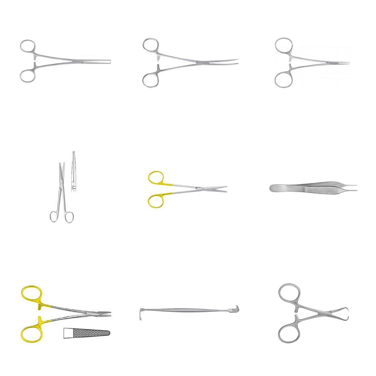 Set de cirugía menor Tontarra: pinzas Kocher, Rochester-Péan y micro-mosquito, tijeras Mayo y Metzenbaum TC, pinza Adson, porta agujas Webster, separador Senn-Miller y pinza de campo Backhaus