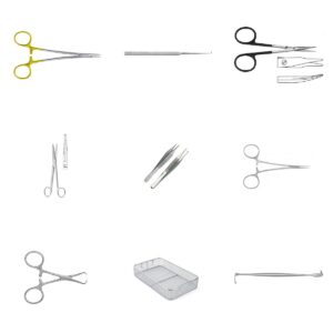 Set de sutura y atención de urgencias Tontarra: porta agujas Mayo-Hegar TC, gancho Cushing, tijeras Stevens y Mayo, pinza Adson, mosquito baby, pinza de campo Backhaus, cesta perforada y separador Senn-Miller