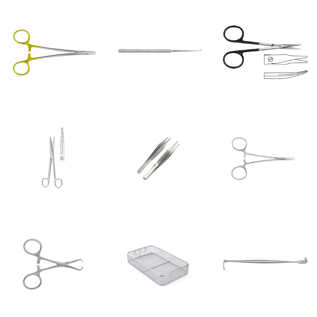Set de sutura y atención de urgencias Tontarra: porta agujas Mayo-Hegar TC, gancho Cushing, tijeras Stevens y Mayo, pinza Adson, mosquito baby, pinza de campo Backhaus, cesta perforada y separador Senn-Miller